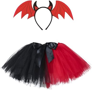 Photo 1 of Devil Costume for Girls Tutu Skirt Devil Horns Headband Halloween Costume for Kids Deluxe Fancy Dress Up Baby Toddler Birthday Outfits Set Vampire Trick or Treating Bat Cosplay Black + Red 9-12 Years