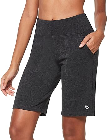 Photo 1 of BALEAF Women's Knee Length Long Shorts Running Bermuda Shorts 9" High Waisted Zip Pockets Quick Dry Casual Summer LIGHT GRAY 