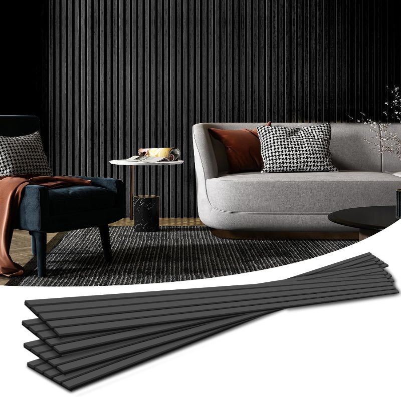 Photo 1 of Art3d 4-Piece Wood Slat Acoustic Panels for Stylish Decor and Noise Reduction, 3D Textured Panel for Ceiling and Wall, Matte Black
