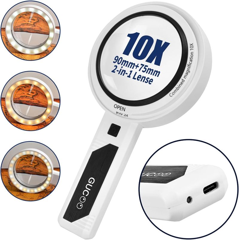 Photo 1 of Magnifying Glass with Light for Close Work 5X 10X Handheld Lighted Magnifier for Reading Jeweler Senior 32 Led Illuminated Small Portable Hand Held Magnifying Lens for Jewelry White Charge