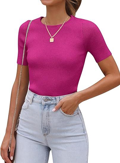 Photo 1 of Tankaneo Womens Short Sleeve Knit T Shirts 2024 Casual Summer Crewneck Basic Ribbed Sweater Tops small