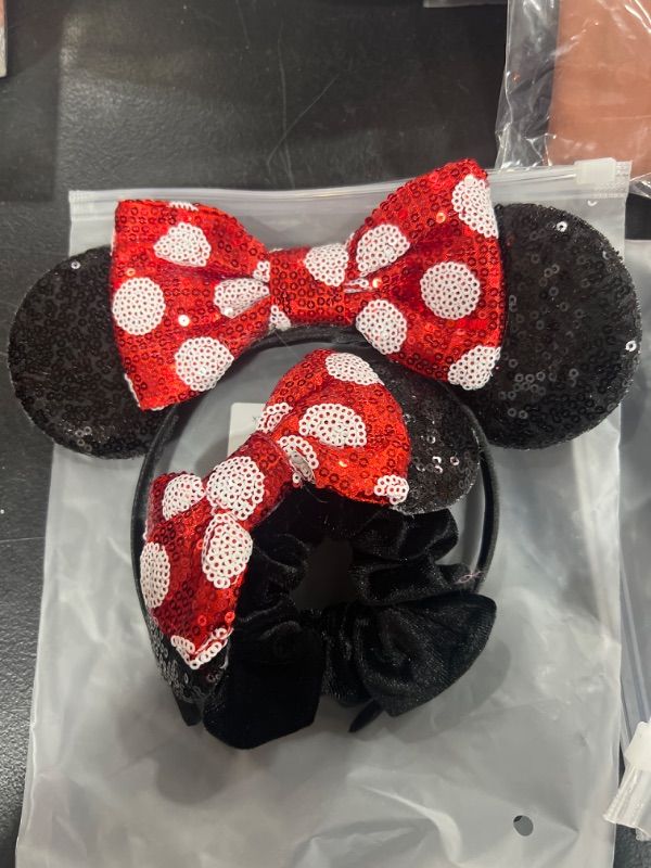 Photo 2 of 2 Pack Black Mouse Ears Headband and Sparkle Sequins Red Velvet Hair Bows Scrunchies Soft Elastic Hair Bands, Rubber Bands Ponytail Holder Ties for Girls Women Adult Kids Headwear Costume