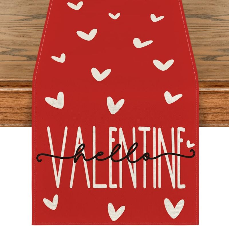 Photo 2 of Artoid Mode Red Heart Hello Valentine's Day Table Runner, Seasonal Anniversary Holiday Kitchen Dining Table Decoration for Home Party Decor 13x108 Inch
