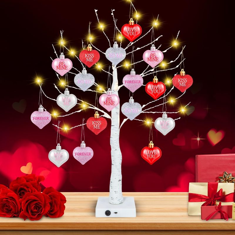 Photo 1 of 24 Inch Valentines Day Tree Decorations, Lighted Valentine Tree with 18 Pcs Heart Ornaments, Artificial Birch Tree with Timer for Valentines Decor Home Tabletop Indoor
