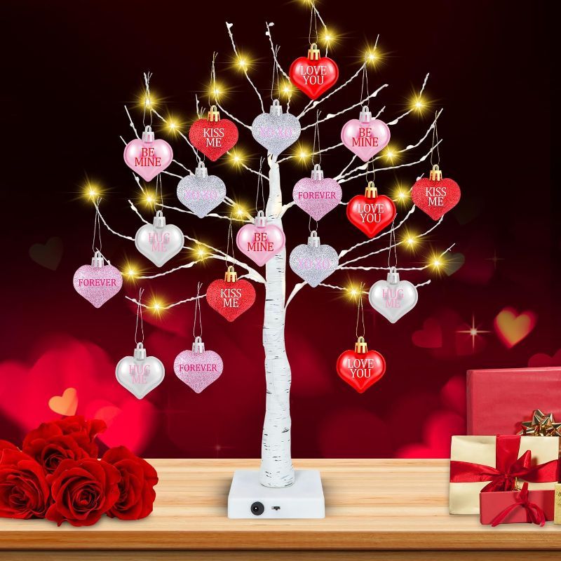 Photo 2 of 24 Inch Valentines Day Tree Decorations, Lighted Valentine Tree with 18 Pcs Heart Ornaments, Artificial Birch Tree with Timer for Valentines Decor Home Tabletop Indoor
