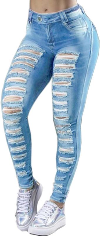 Photo 1 of 2XL Sexyshine Women's High Waisted Skinny Destroyed Ripped Hole Denim Pants Long Stretch Pencil Jeans
