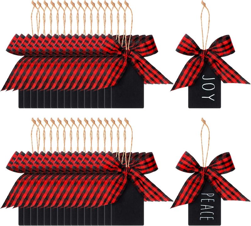 Photo 1 of 50 Pieces Christmas Wood Stocking Name Tags Buffalo Plaid Row Stocking Tags Hanging Chalkboard Tags with Thread 1 Roll Buffalo Ribbon Mini Chalkboard Tags for Christmas Present Party Supplies Red and Black