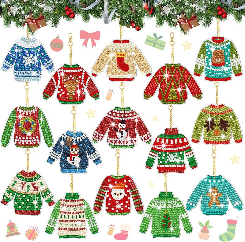 Photo 1 of 15 Pieces Christmas Ugly Sweater Diamond Painting Keychain 5d Sweater Diamond Art Keychains Christmas Diamond Painting Kits for Xmas DIY Crafts Hanging Ornaments Home Decor
