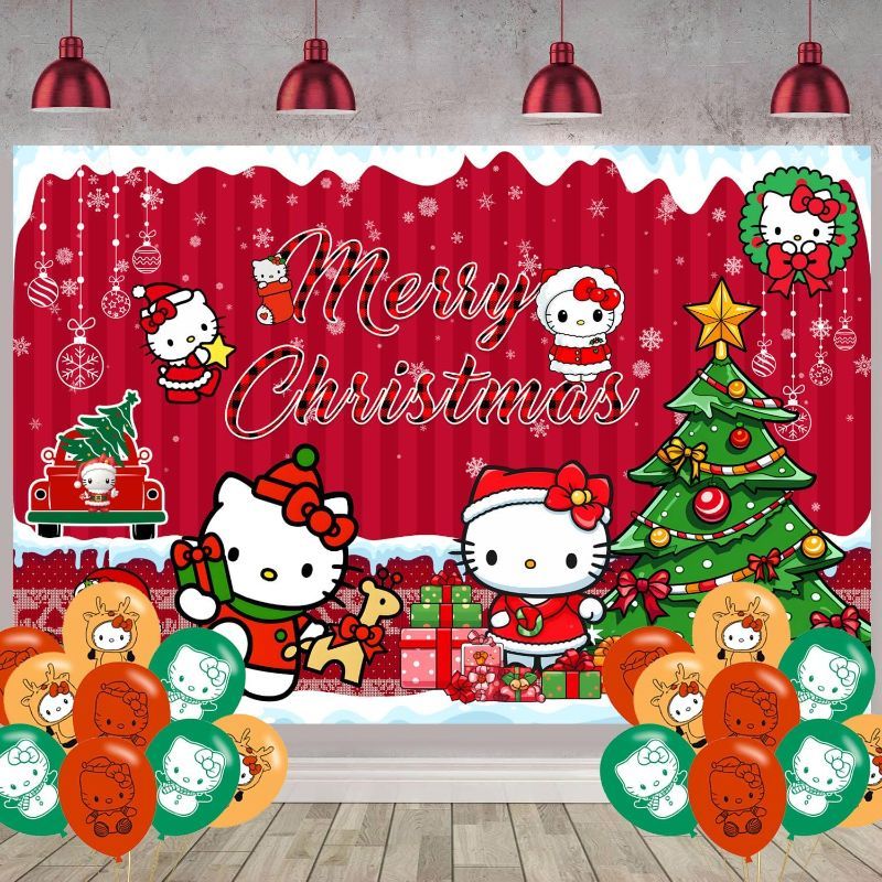 Photo 2 of 19 Pcs Christmas Kitty Party Supplies,1 "Merry Christmas" Banner Garland Backdrop,18 Christmas Kitty Ballons 5 x 3FT "Merry Christmas"Banner Decor Photo Background for Christmas Party Supplies
