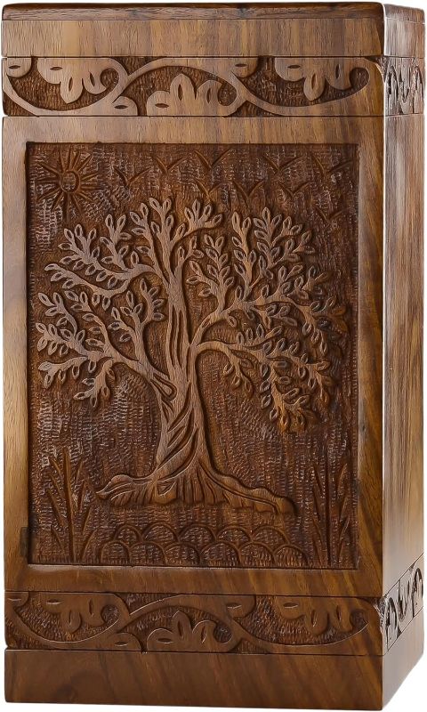 Photo 1 of INTAJ Cremation Urns for Human Ashes Adult Male Female Wooden Tree of Life Urns Box and Casket for Ashes Men Women Child Pets Cat Dog Urn Burial Funeral Memorial Urns for Ashes Holds 250 Cubic Inch