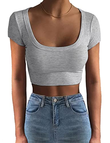 Photo 1 of ANGGREK Women 's Short Sleeve Square Neck Ribbed Knit Cropped T Shirt Slim Fit Casual Basic Y2k Tops - gray -- LARGE
