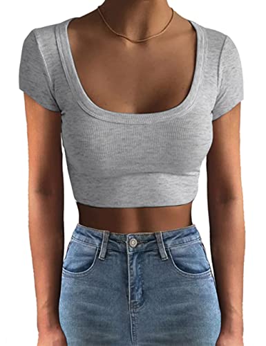 Photo 1 of ANGGREK Women 's Short Sleeve Square Neck Ribbed Knit Cropped T Shirt Slim Fit Casual Basic Y2k Tops XS-XL Large 1 Grey