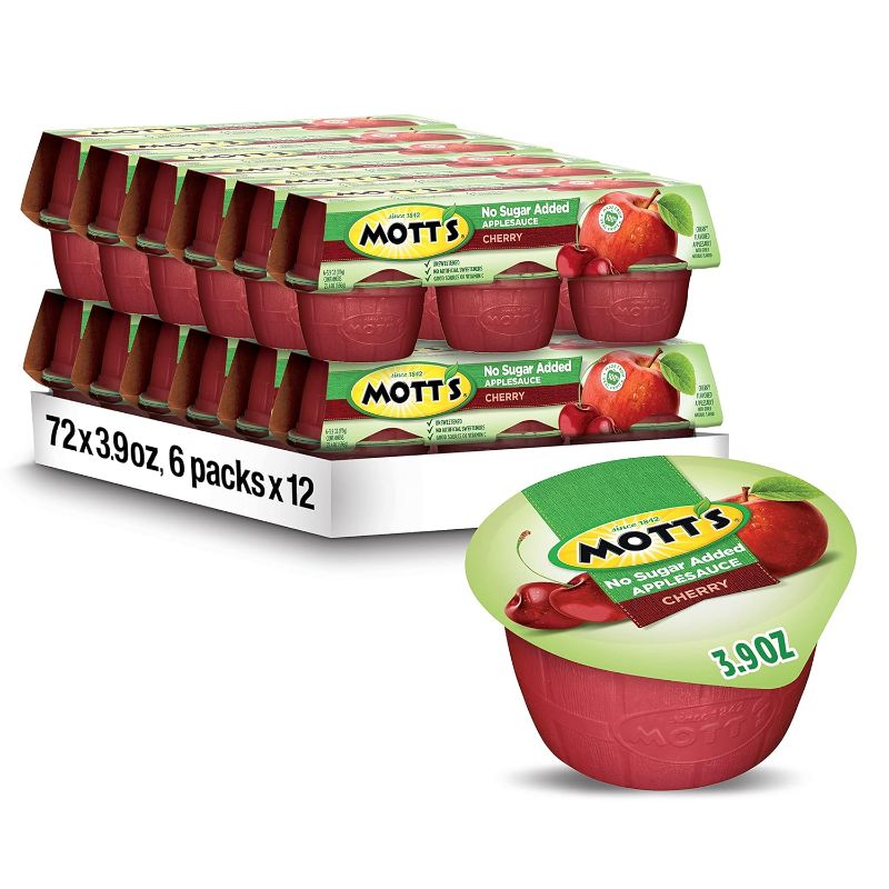 Photo 1 of Mott's No Sugar Added Cherry Applesauce, 3.9 Oz Cups, 72 Count (12 Packs Of 6), Good Source Of Vitamin C, No Artificial Flavors
