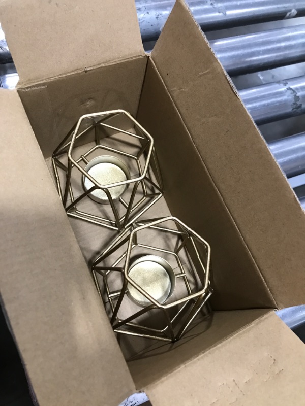 Photo 2 of 2 Pcs Metal Hexagon Shaped Geometric Design Tea Light Votive Candle Holders, Iron Hollow Tealight Candle Holders for Vintage Wedding Home Decoration, Gold (S + S) S+S Gold