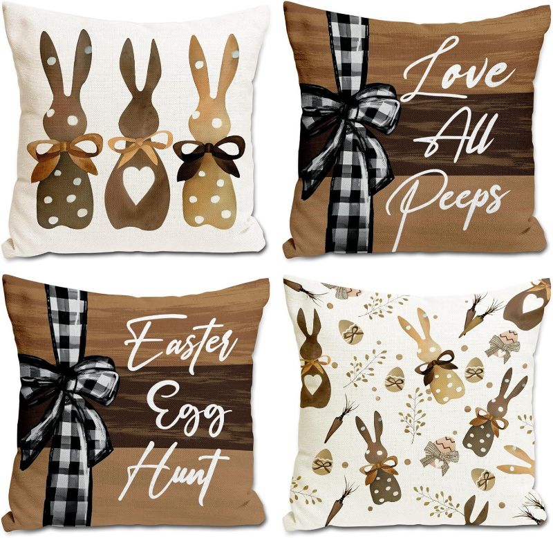 Photo 1 of Easter Pillow Covers 18x18 Set of 4 Bunny Easter Egg Hunt Love All Peeps Striped Farmhouse Decorative Decor Throw Pillowcases Cushion Case for Home Sofa Couch Decoration