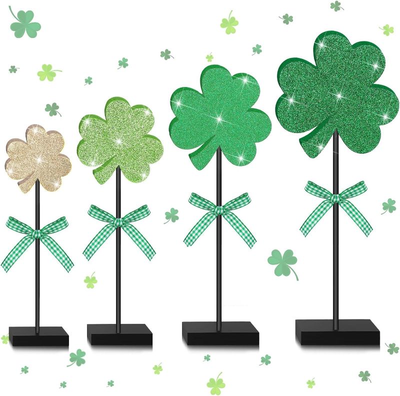 Photo 1 of 4 Pcs St. Patrick's Day Shamrock Wooden Table Sign Tall Standing Tables Centerpieces Sparkling Glitter Freestanding Lucky Clover Tabletop Centerpiece for Rustic Irish Wood Block for Home