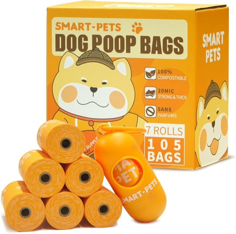 Photo 1 of 100% Certified Home Compostable Dog Poop Bags - EN 13432 Compliant Dog Waste Bags -105 Bags- 7 x Rolls of Plant Based Compostable Poop Bags -Includes A Dispenser-Thick Doggie Poop Bags?Orange?