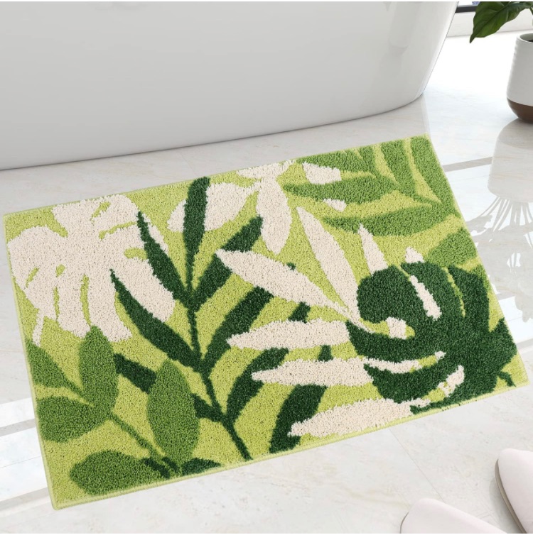 Photo 1 of Green Leaves Microfiber Absorbent Bath Mats,TPR Non Slip Backing,Machine Washable Plant Leaf Thick Carpet Decor Rug for Bathroom, Indoor, Doormat,Childrens Room Tub (Branch, 20" x 32")