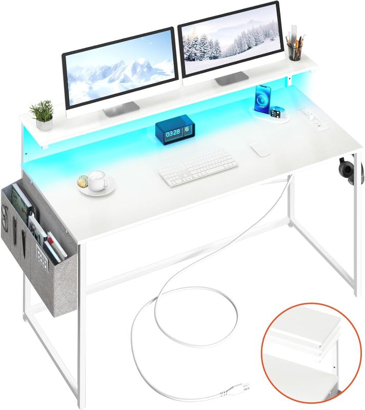 Photo 1 of Yoobure Computer Desk with Power Outlets Fast Charging Type-C Included, Gaming Desk with LED Lights, 47" Office Desk with Adjustable Monitor Stand, Small Desk Home Office Desks with Storage Bag & Hook WHITE