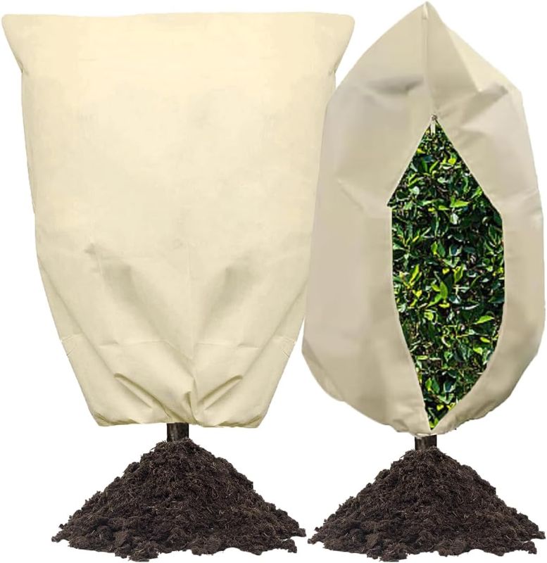 Photo 1 of 2-Pack Plant Cover Freeze Protection -47.2" H x 31.5" W, 2.1oz/yd² Warm Burlap Winter Plant Cover Bags with Drawstring and Zipper, for Winter Outdoor Trees Potted Plants Freeze Protection
