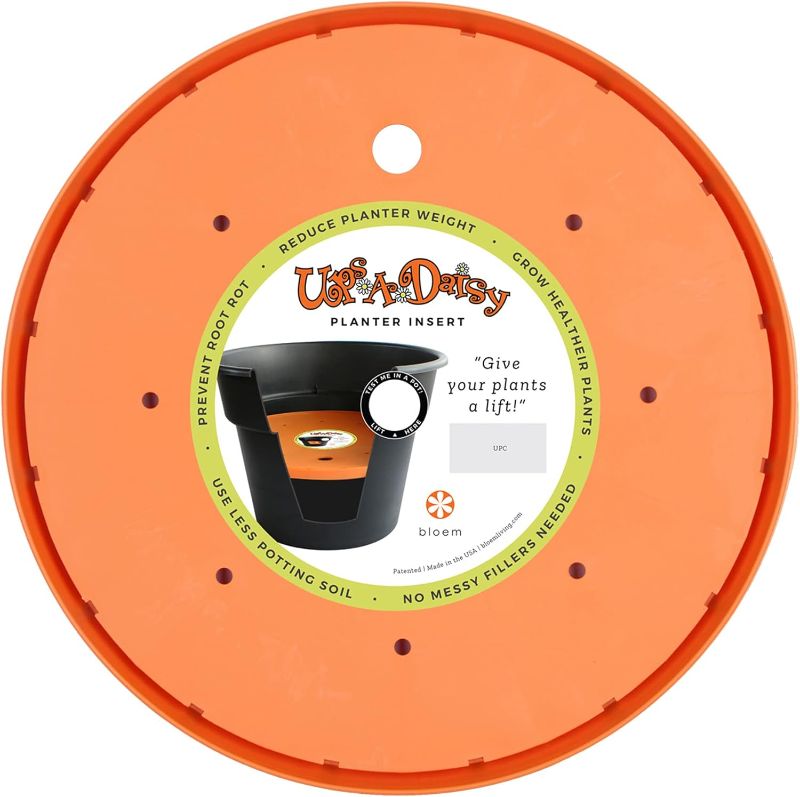 Photo 1 of Bloem Ups-A-Daisy Round Planter Insert: 12" - Orange - Durable Resin Disk, Drainage Holes, Place Inside A Planter, Use Less Potting Soil, for Indoor & Outdoor Use, Gardening
