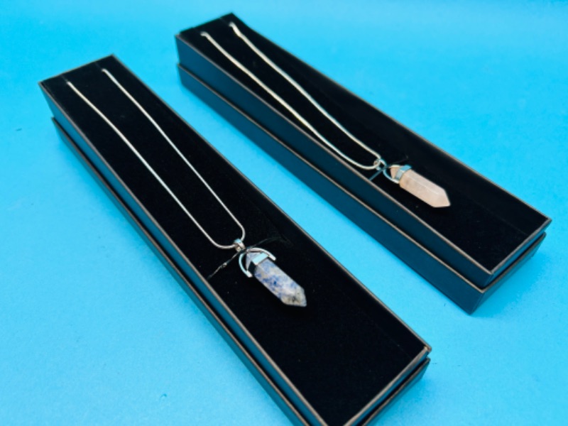 Photo 2 of 150210… 2 crystal cut polished rock pendants on chains in gift boxes 