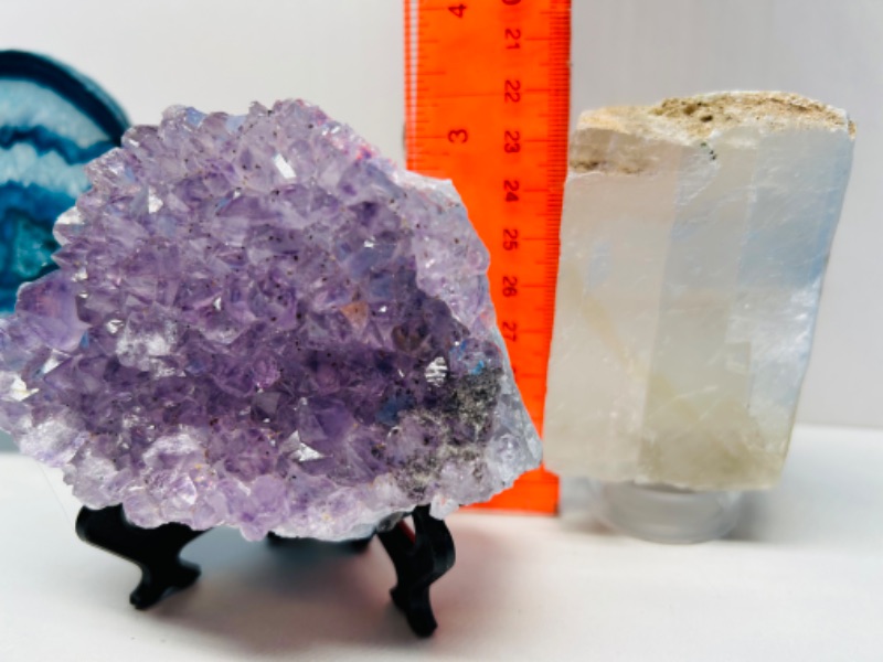 Photo 3 of 150414…agate slice, amethyst, and crystal rocks 3-5 inches each on stands