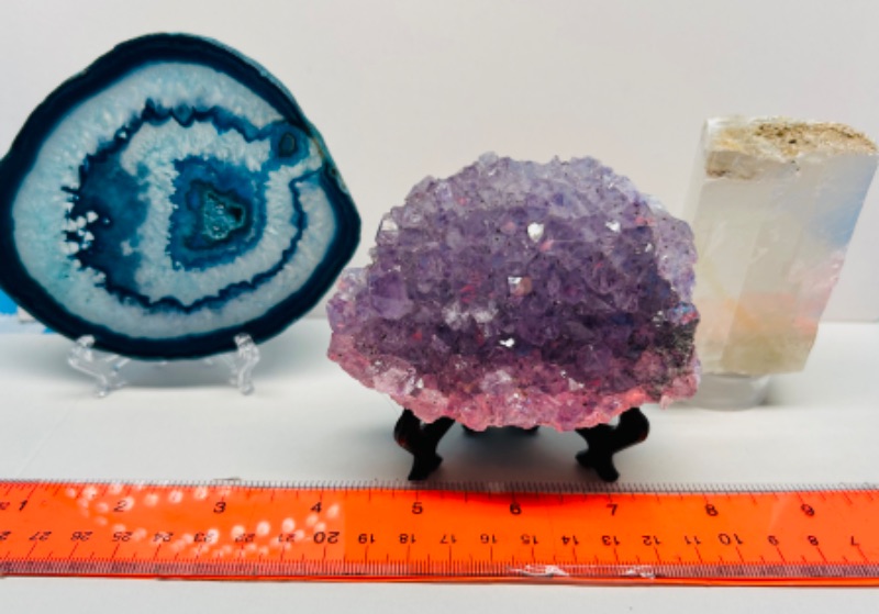 Photo 4 of 150414…agate slice, amethyst, and crystal rocks 3-5 inches each on stands