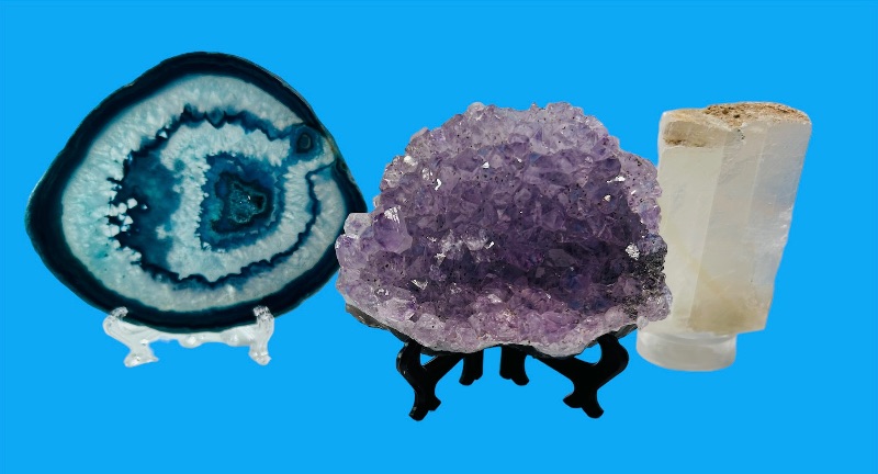 Photo 1 of 150414…agate slice, amethyst, and crystal rocks 3-5 inches each on stands