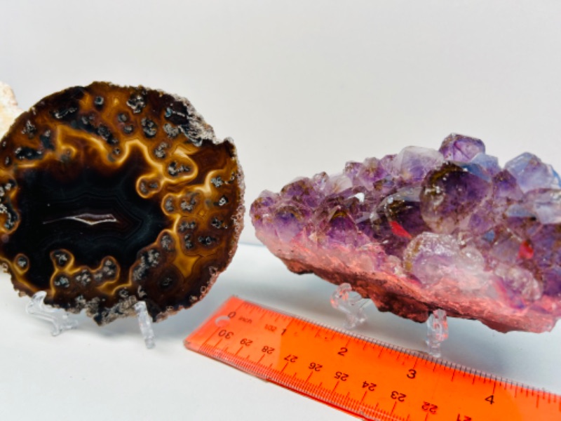 Photo 2 of 150415…agate slice, amethyst, and stilbite rocks on stands 2.5-4.5 inches each