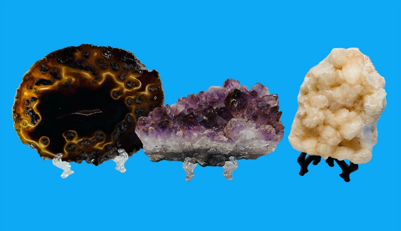 Photo 1 of 150415…agate slice, amethyst, and stilbite rocks on stands 2.5-4.5 inches each