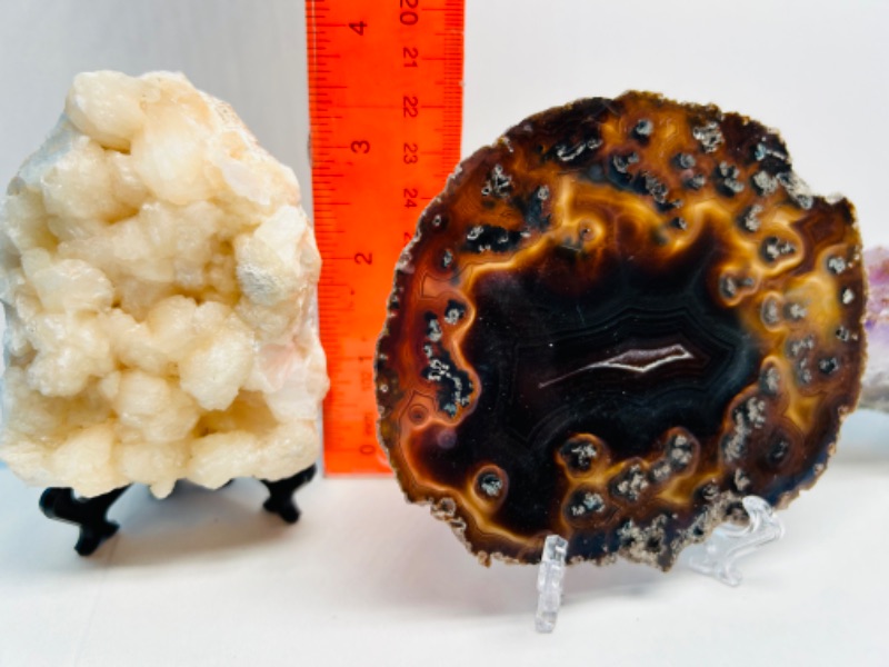 Photo 3 of 150415…agate slice, amethyst, and stilbite rocks on stands 2.5-4.5 inches each