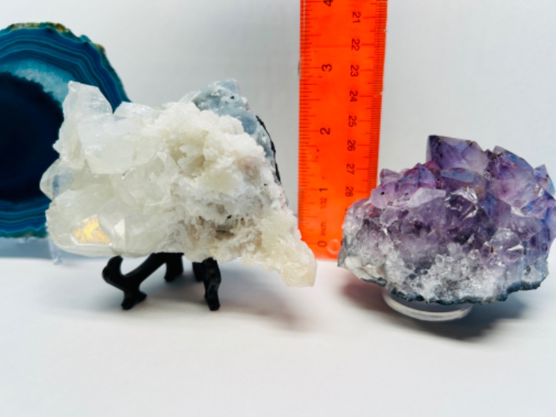 Photo 2 of 150420…agate slice, amethyst, and apophyllite rocks on stands 3-5” each 