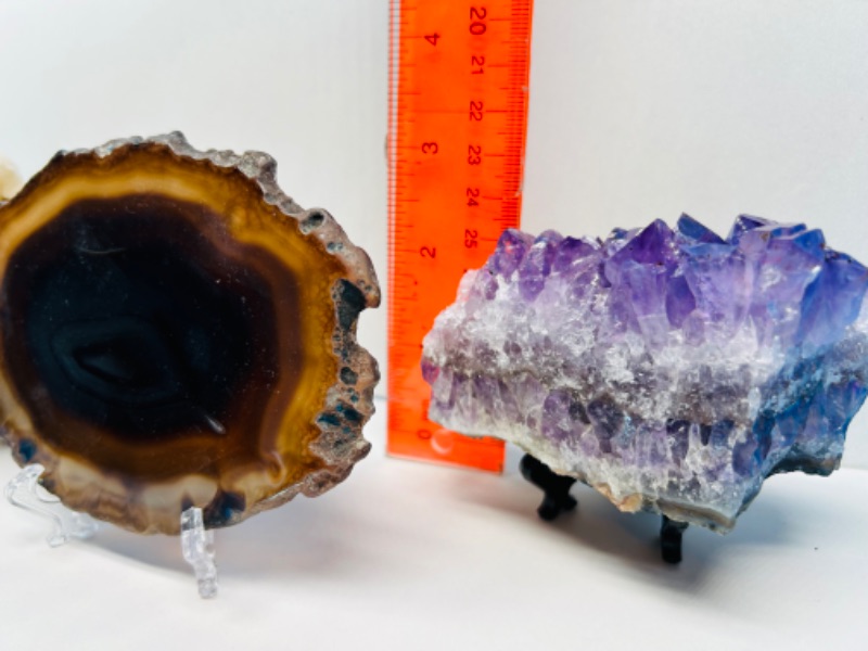 Photo 2 of 150422…agate slice, amethyst, and stilbite rocks on stands 3-5” each
