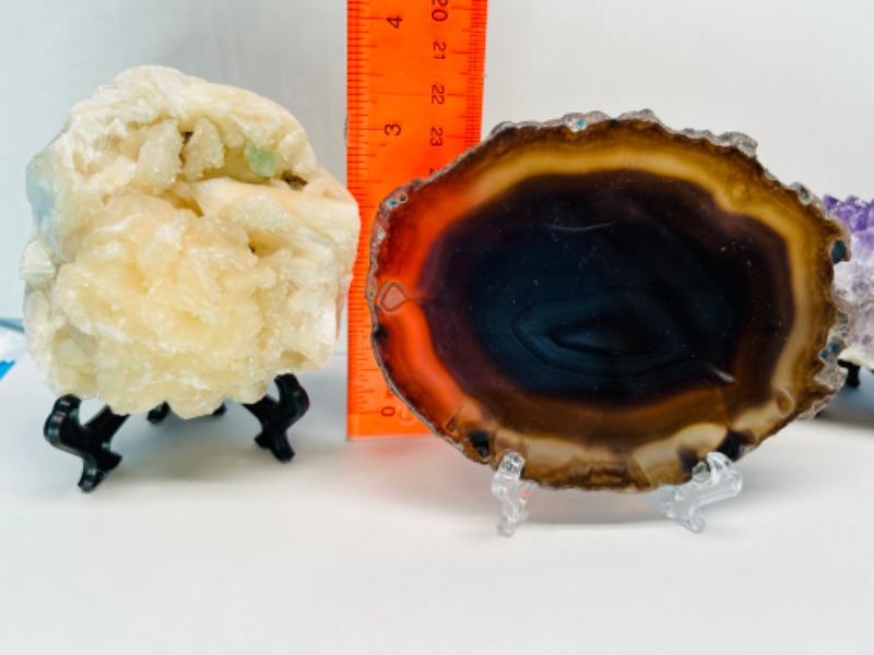 Photo 3 of 150422…agate slice, amethyst, and stilbite rocks on stands 3-5” each
