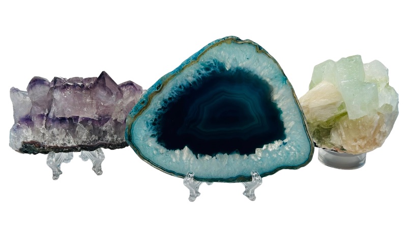 Photo 1 of 150423…agate slice, amethyst, and green apophyllite rocks on stands 3-5” each 