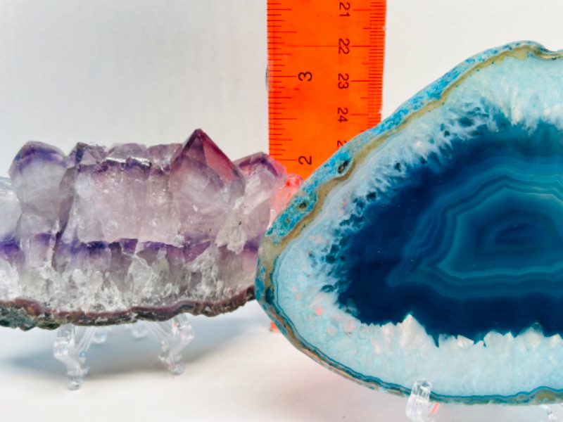 Photo 5 of 150423…agate slice, amethyst, and green apophyllite rocks on stands 3-5” each 