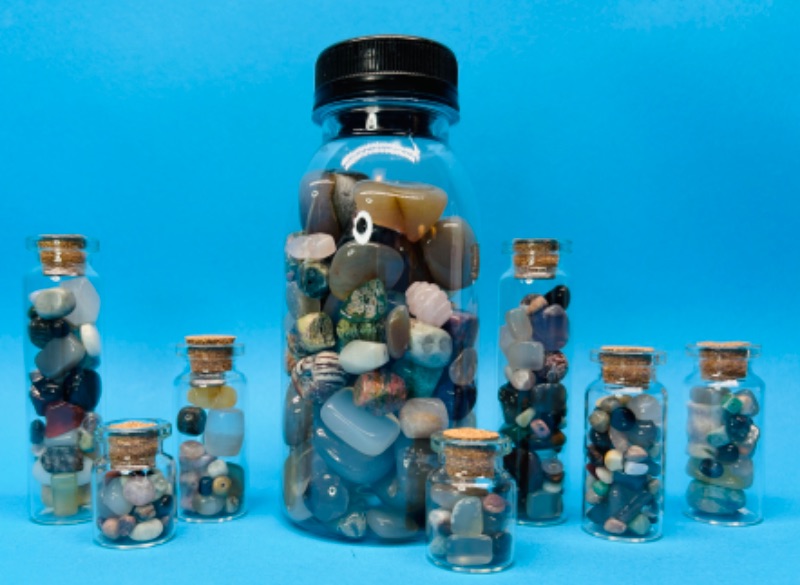 Photo 1 of 150712… 8 bottles of polished rocks and pebbles 5-1” tall 