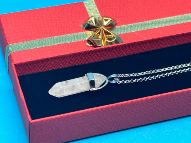 Photo 1 of 151048…crystal shaped polished rock pendant on chain in gift box 