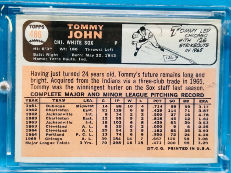 Photo 2 of 151215…vintage Topps Tommy John card 486 in hard plastic case 