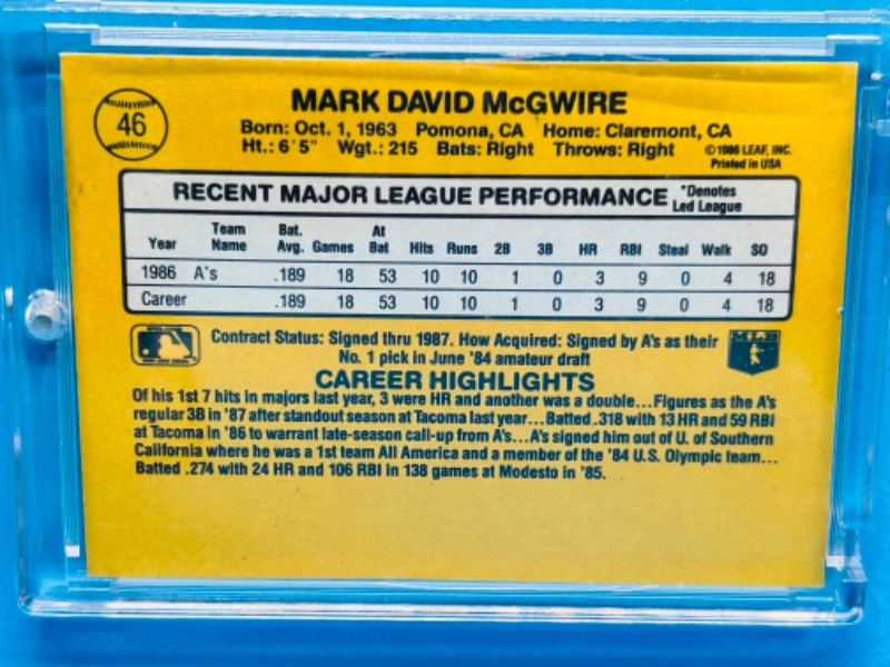 Photo 2 of 151225…Donruss Mark McGwire rookie card 46 in hard plastic case 