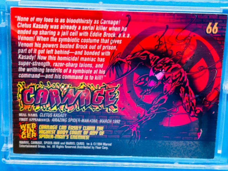 Photo 2 of 151292…1994 marvel Carnage Enemies card 66 in hard plastic case 