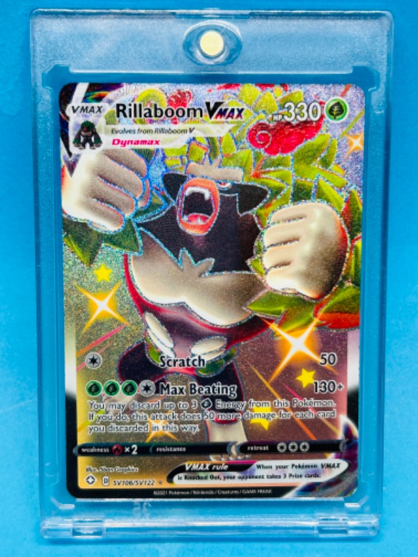 Photo 1 of 151306…Pokémon Rillaboom Vmax holo chrome card sv106/sv122 in hard plastic case 