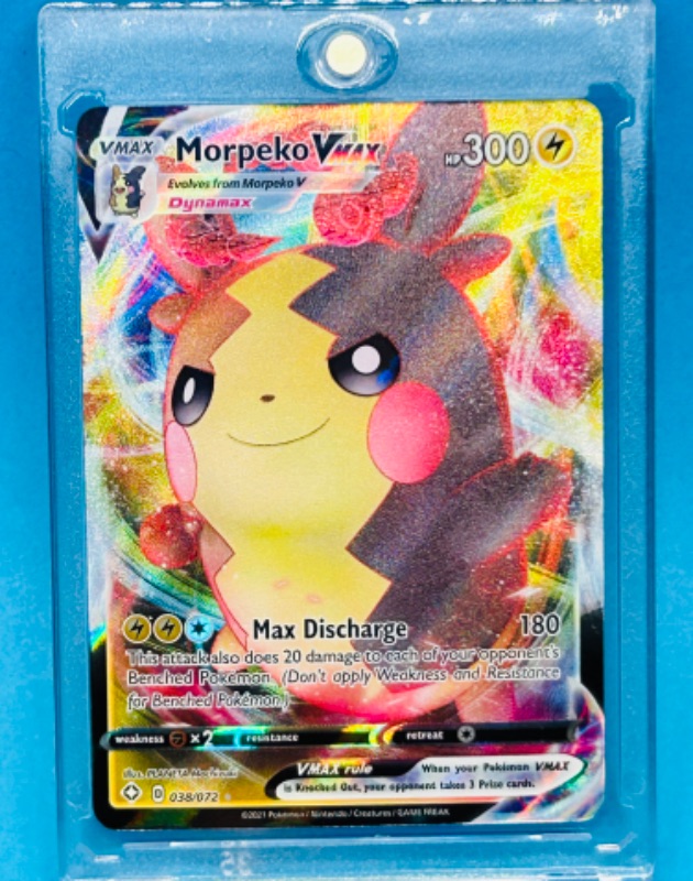 Photo 1 of 151309…Pokémon Morpeko Vmax holo chrome card 038/072 in hard plastic case 