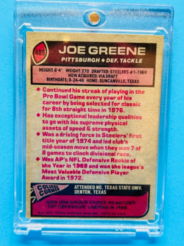 Photo 2 of 151382…Topps 1977 Mean Joe Greene card 405  in hard plastic case 