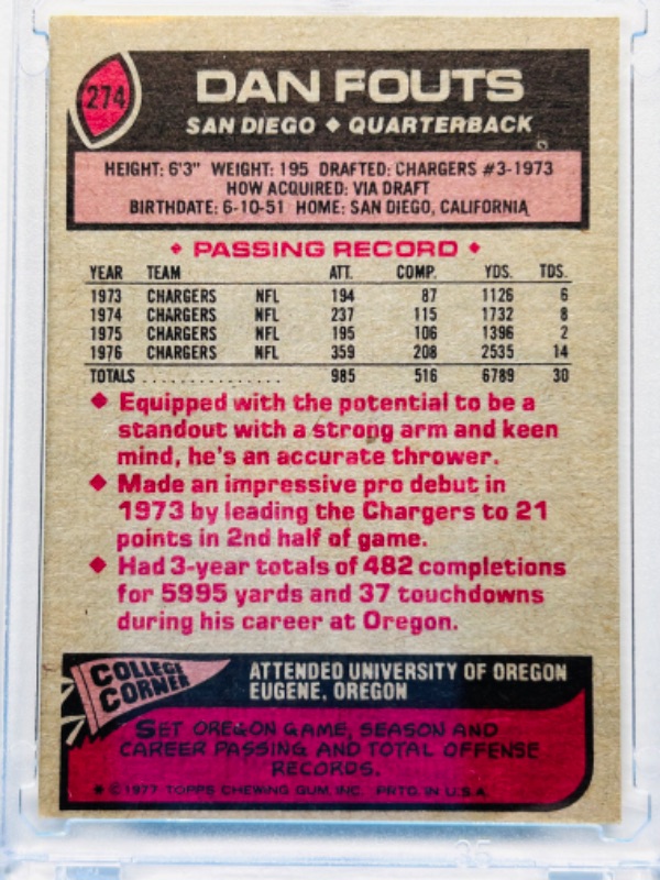 Photo 2 of 151411…topps 1977 Dan Fouts card 274 in hard plastic case 