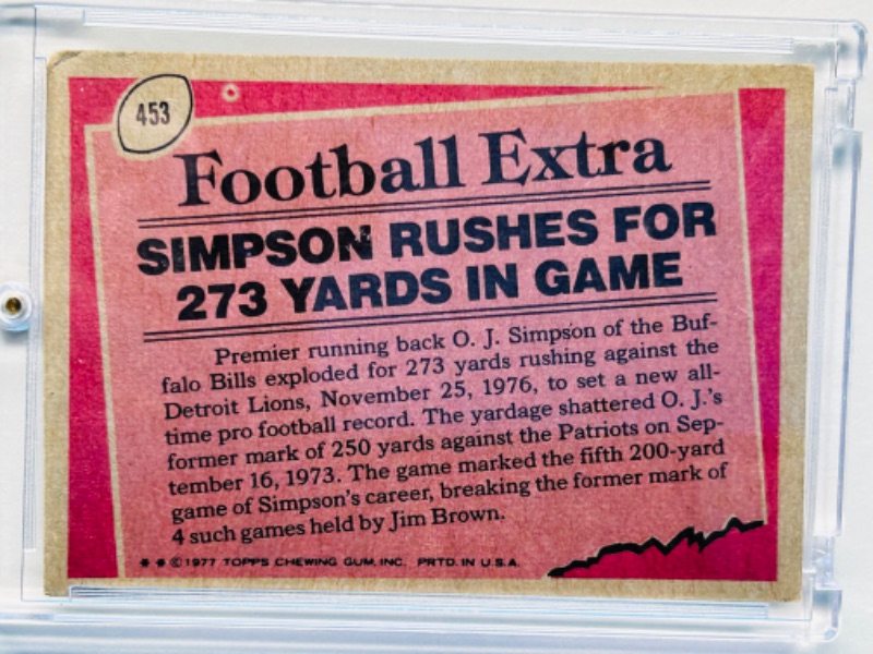 Photo 3 of 151416…topps 1977 O.J. Simpson record breaker card 453 in hard plastic case - corners are bent