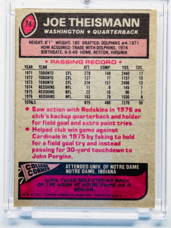 Photo 2 of 151418…topps 1977 Joe Theismann card 74 in hard plastic case 