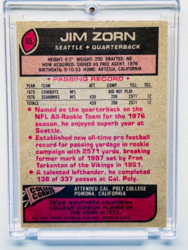 Photo 2 of 151422…topps 1977 Rookie Jim Zorm card 65 in hard plastic case 