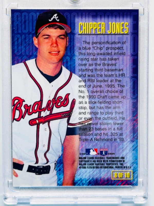 Photo 2 of 151490…E Motion Chipper Jones Rookie card 8 in hard plastic case 